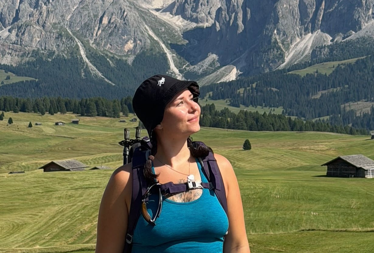 Viola hiking in the mountains